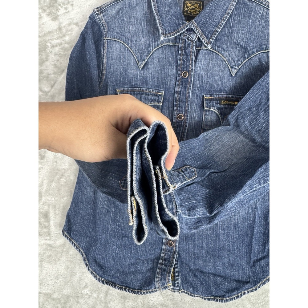 Lucky Brand‎ Western Pearl Snap Blue  Denim Shirt Women's Large Cotton Rodeo - Picture 5 of 8